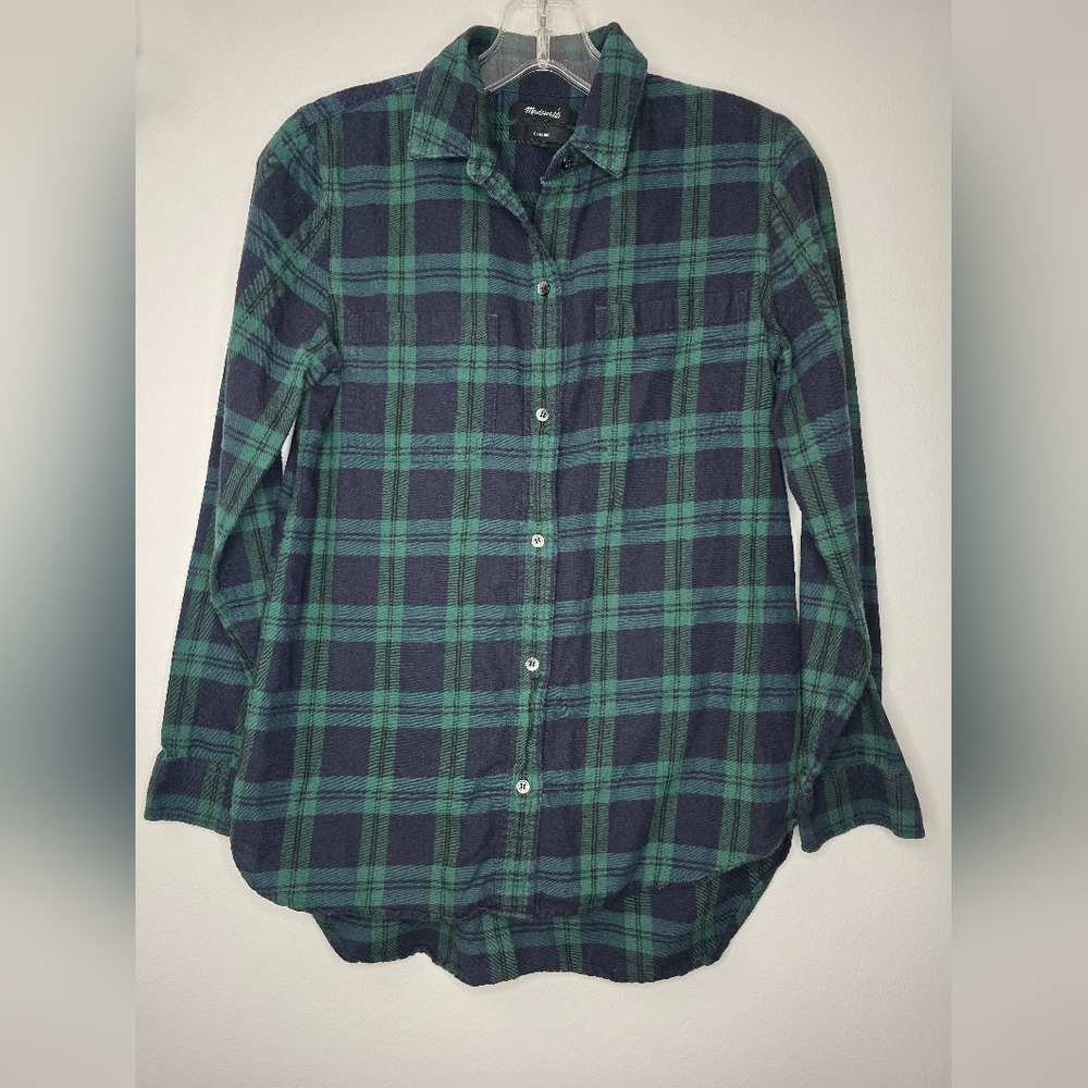 Madewell Plaid Button Down Flannel Shirt Blue Green size XXS